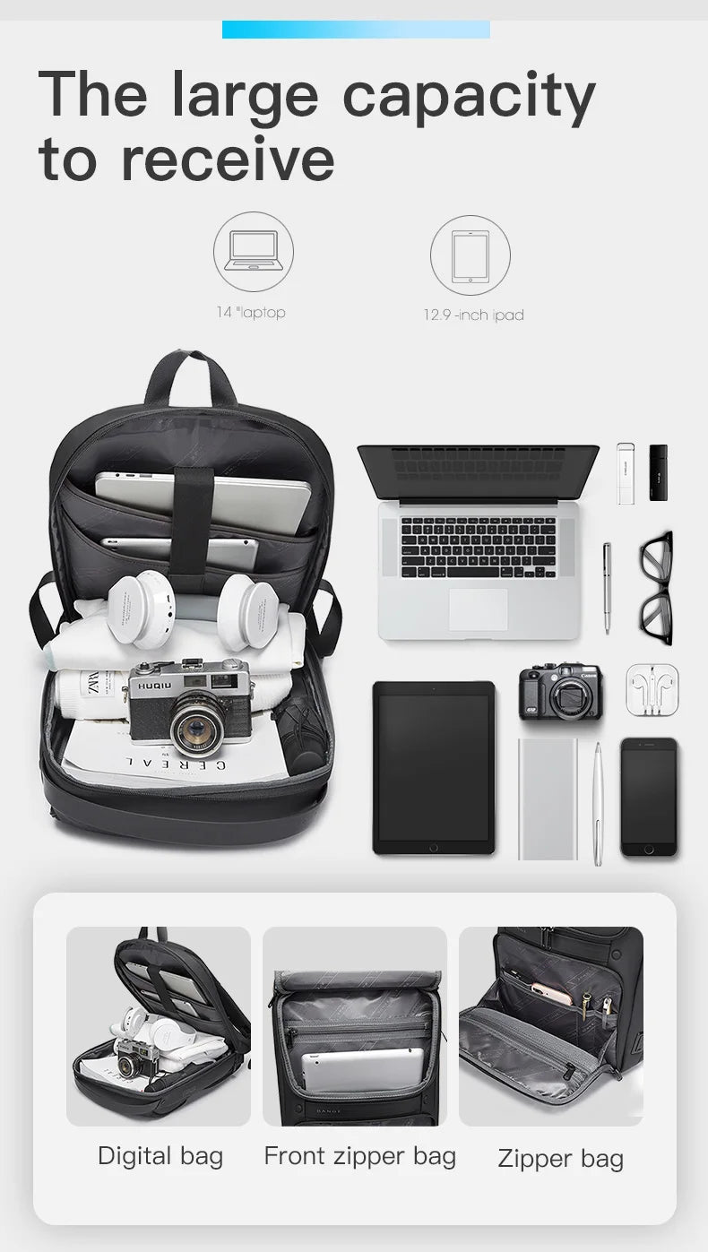 BANGE Original Unique Design Multi-Layer Space Business Backpacks Men Teenage USB External Charge 15.6 Laptop Traval Backpack