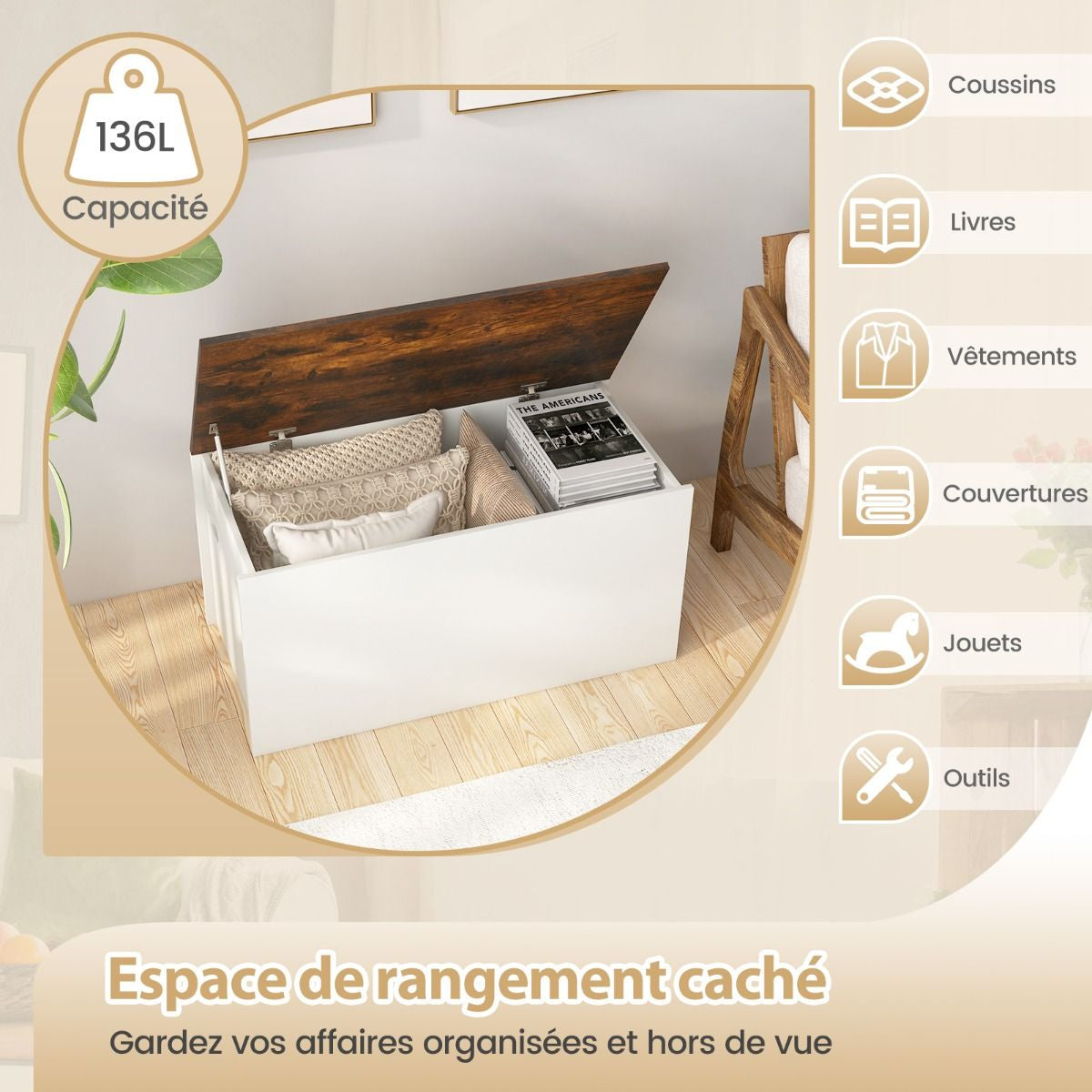 Coffre-Banc De Rangement Couvercle Rabattable Design Anticollision Pour Couvertures Jouets Collations Blanc