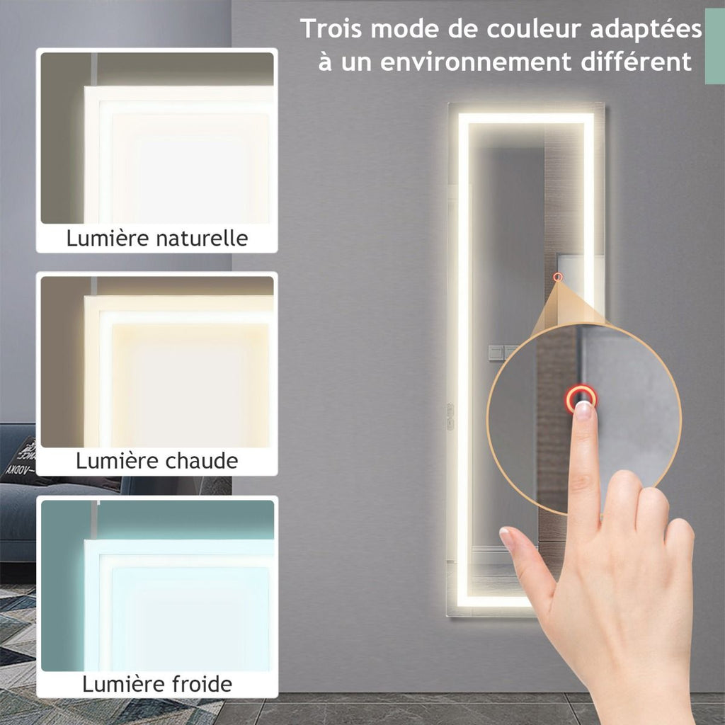 Miroir Mural LED Miroir Pleine Longueur Lumineux À 3 Couleurs Cadre En MDF 120 X 37Cm Blanc