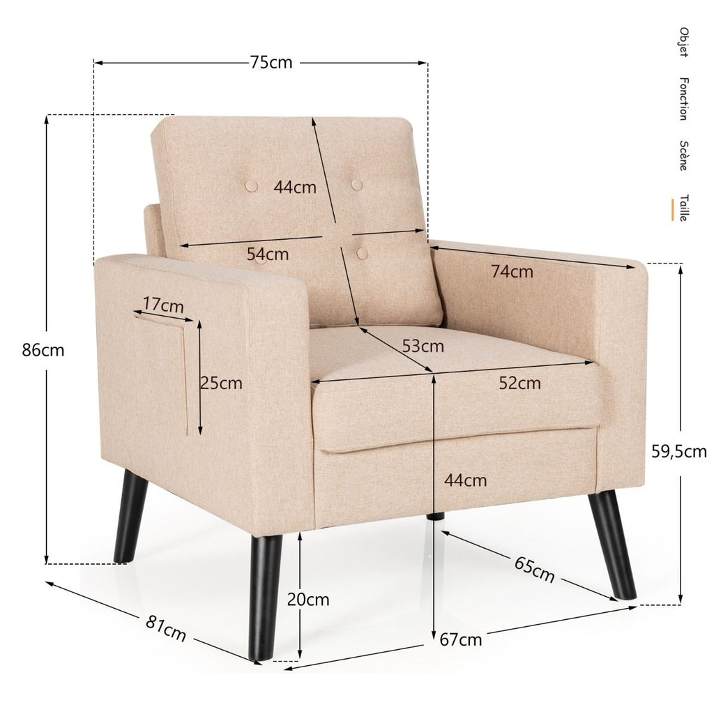 Fauteuil De Salon 1 Personne Avec Profondeur D'Assise 53Cm Canapé 1 Place Avec Pieds Bois D’Hévéa Pour Chambre Salon Bureau 81*67*86Cm Bleu/Beige/Gris