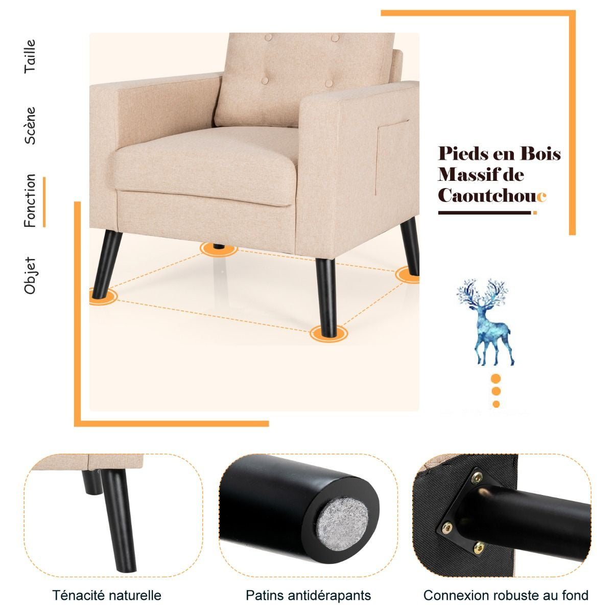 Fauteuil De Salon 1 Personne Avec Profondeur D'Assise 53Cm Canapé 1 Place Avec Pieds Bois D’Hévéa Pour Chambre Salon Bureau 81*67*86Cm Bleu/Beige/Gris