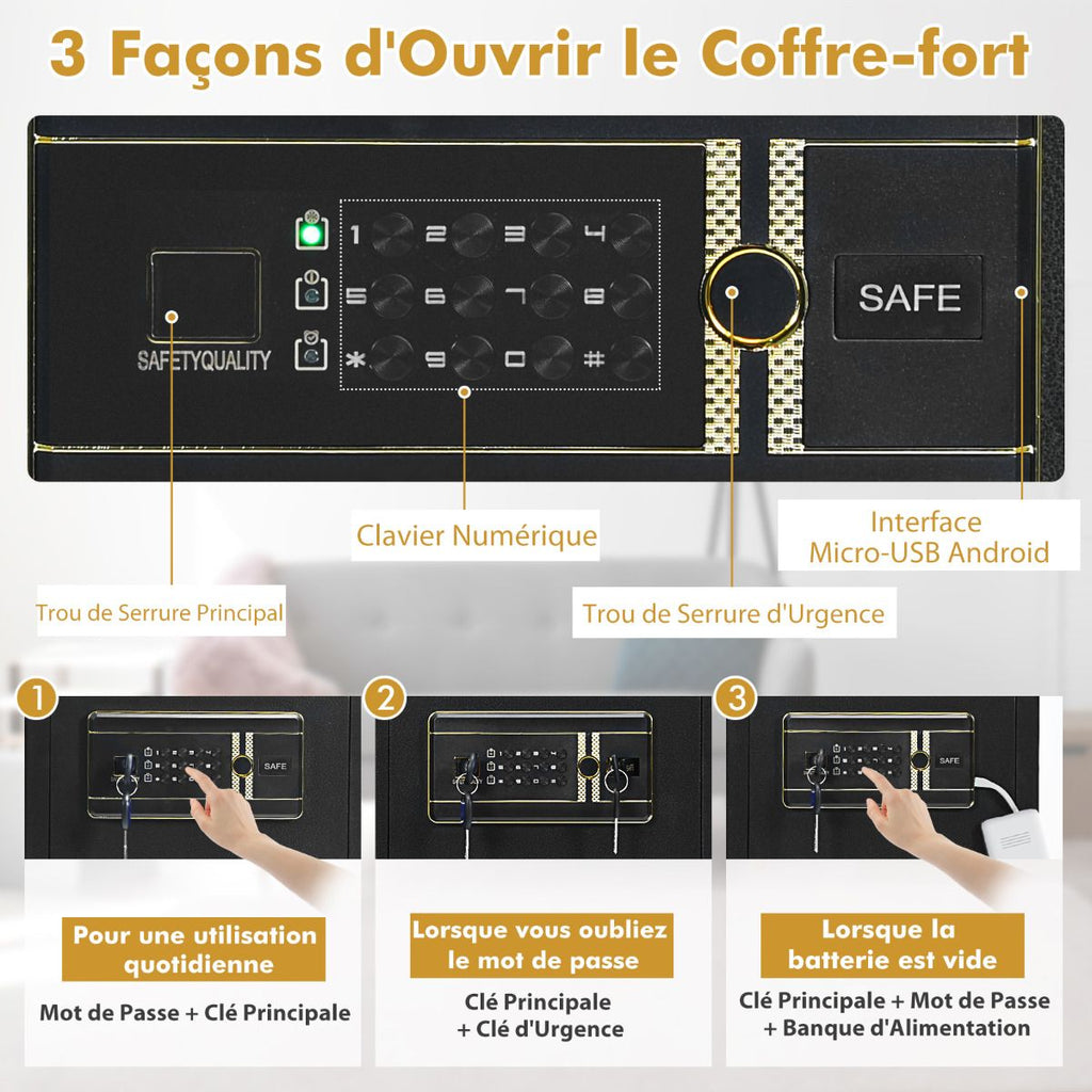 Coffre-Fort De Sécurité Électronique 36 X 31 X 41 CM 46 L Système D'Alarme Clavier Numérique 4 Clés