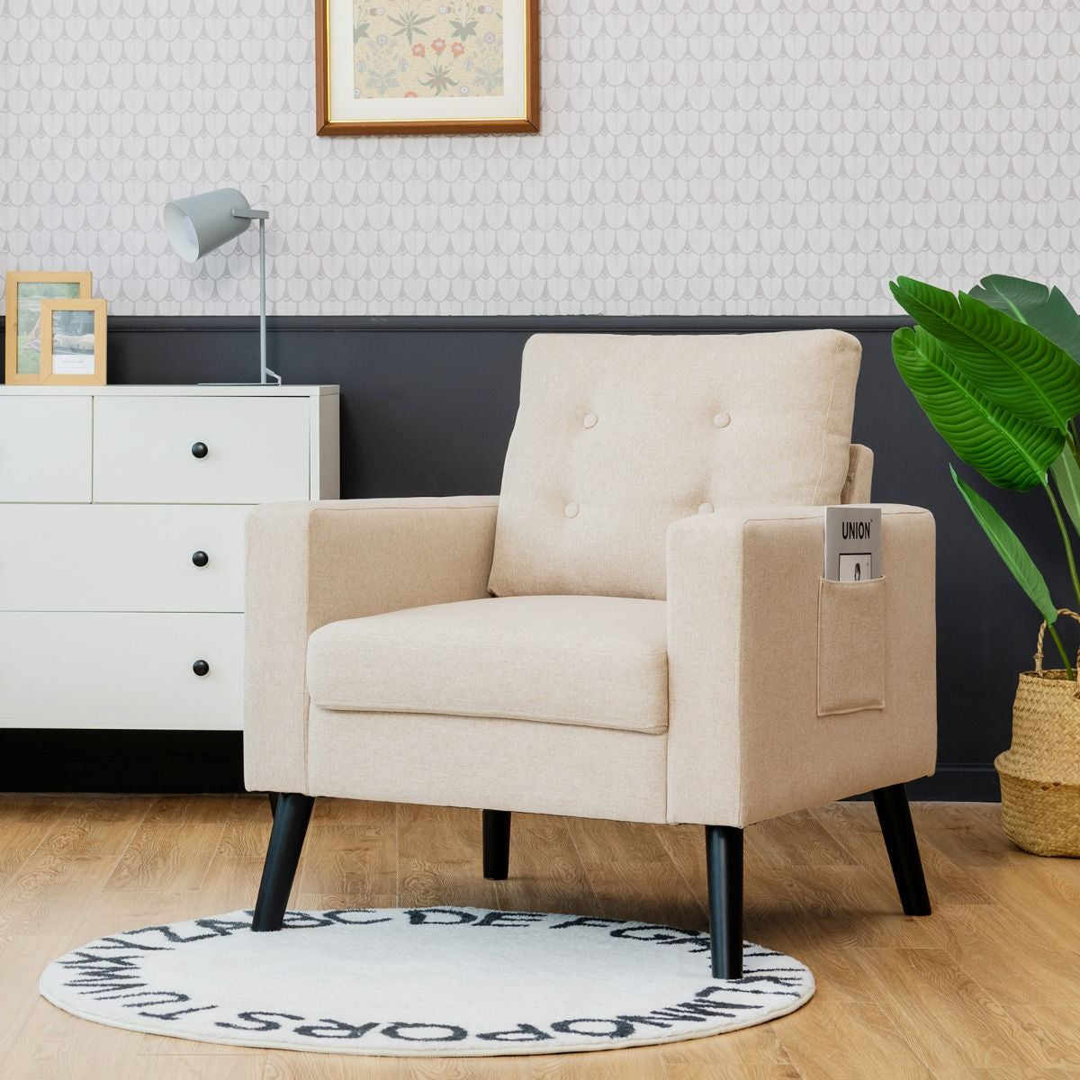 Fauteuil De Salon 1 Personne Avec Profondeur D'Assise 53Cm Canapé 1 Place Avec Pieds Bois D’Hévéa Pour Chambre Salon Bureau 81*67*86Cm Bleu/Beige/Gris