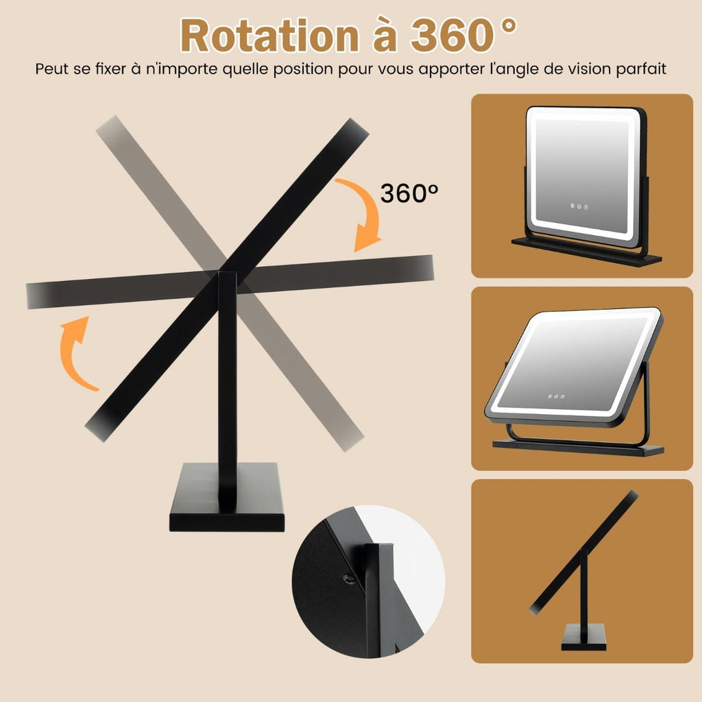 Miroir De Maquillage LED Lumineux Tactile 5 X Grossissement L56 X L48 CM Rotation 360° 3 Couleurs Eclairage