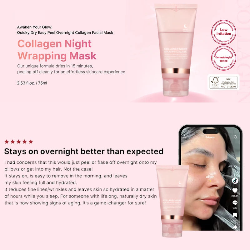 5PC Korean Collagen Wrapping Peel Off Facial Mask Elasticity Hydration Reduces Sagging Dullness Hydrolyzed Collagen Skin Care Don't Taxe That