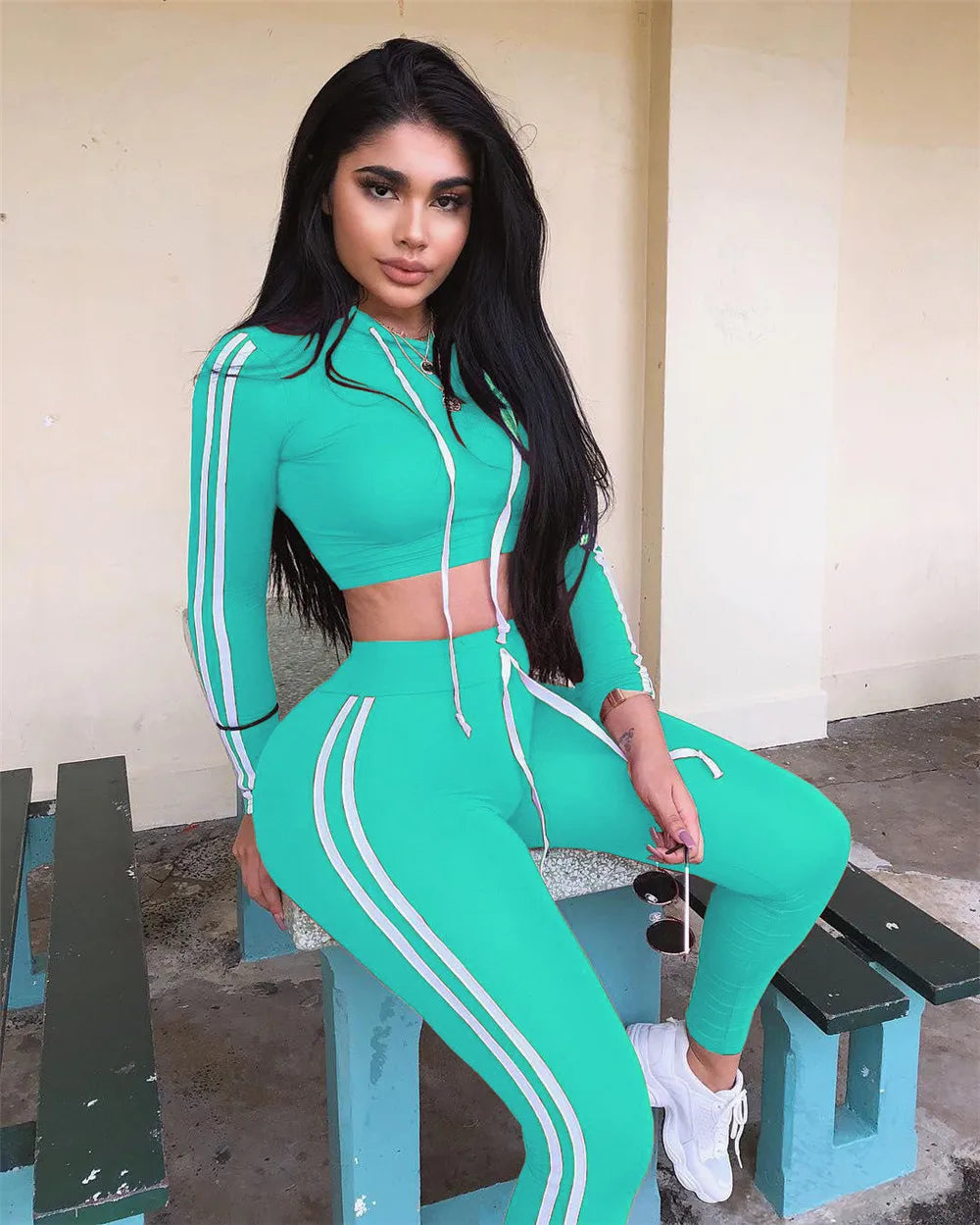 Fitness Casual 2 Piece Set Tracksuit Women Side Striped Hoodies Cropped Tops and Pants Jogger Two Piece Outfits Chandal Mujer Don't Taxe That
