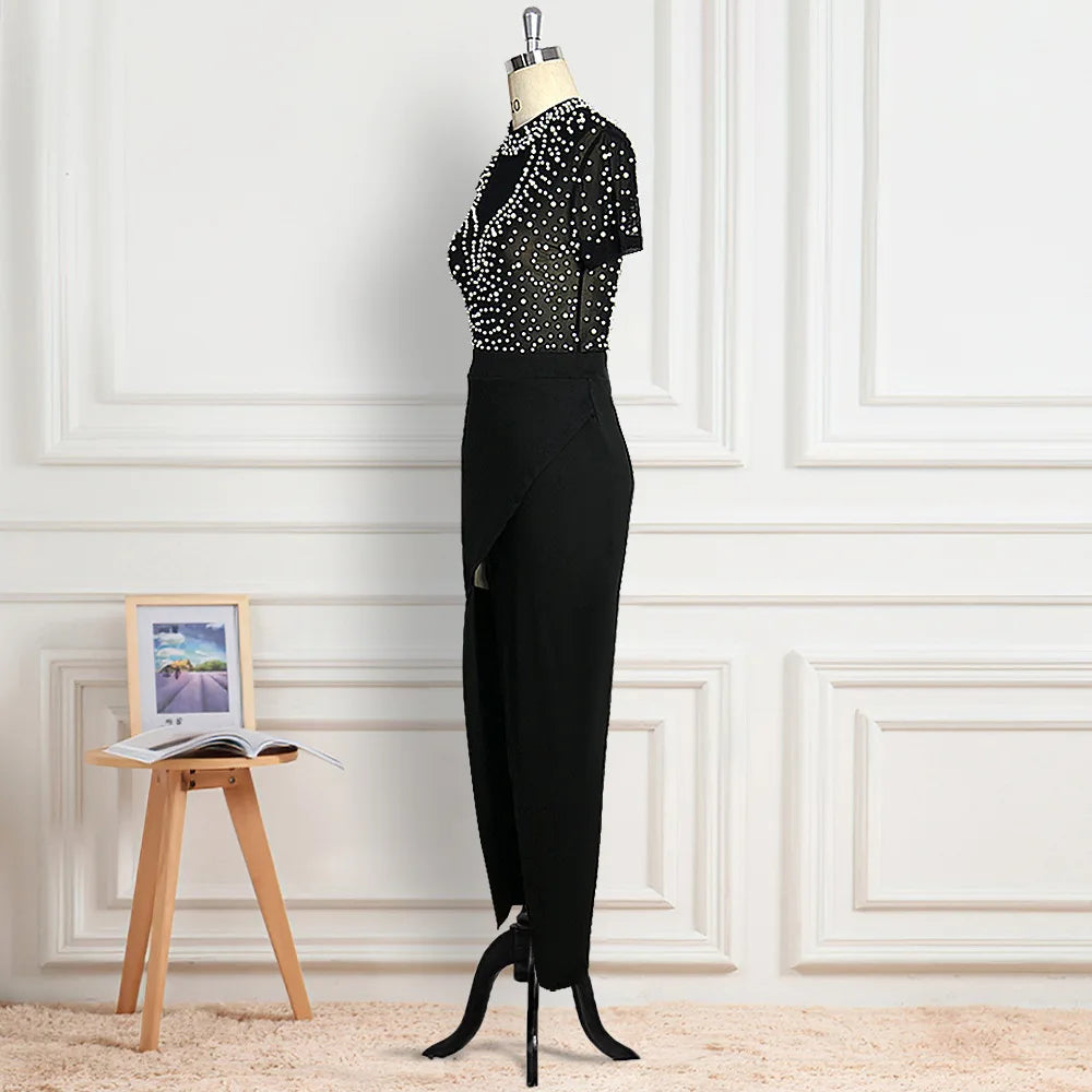 Women Winter Long Dress O-Neck Short Sleeve Pearl Sexy Night Club Party Solid Open Fork Maxi Bandage Bodycon Dresses GL0018 Don't Taxe That