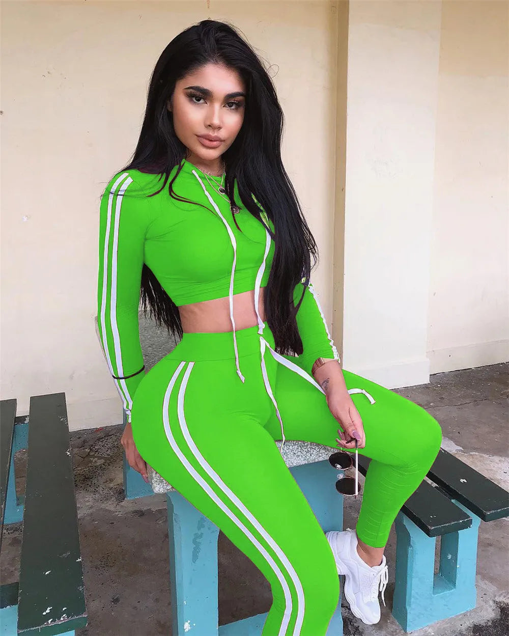 Fitness Casual 2 Piece Set Tracksuit Women Side Striped Hoodies Cropped Tops and Pants Jogger Two Piece Outfits Chandal Mujer Don't Taxe That