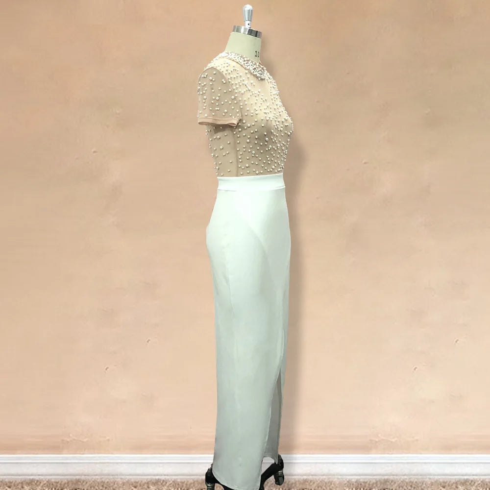 Women Winter Long Dress O-Neck Short Sleeve Pearl Sexy Night Club Party Solid Open Fork Maxi Bandage Bodycon Dresses GL0018 Don't Taxe That