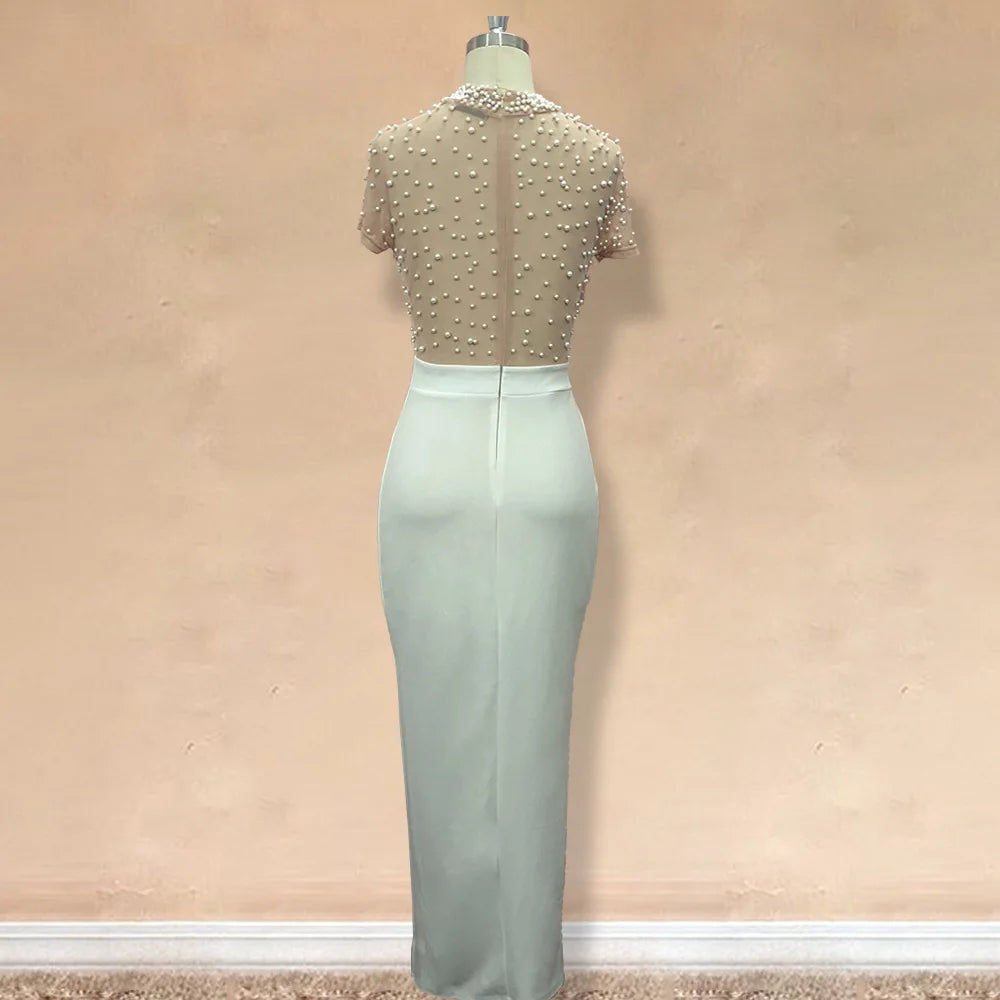 Women Winter Long Dress O-Neck Short Sleeve Pearl Sexy Night Club Party Solid Open Fork Maxi Bandage Bodycon Dresses GL0018 Don't Taxe That