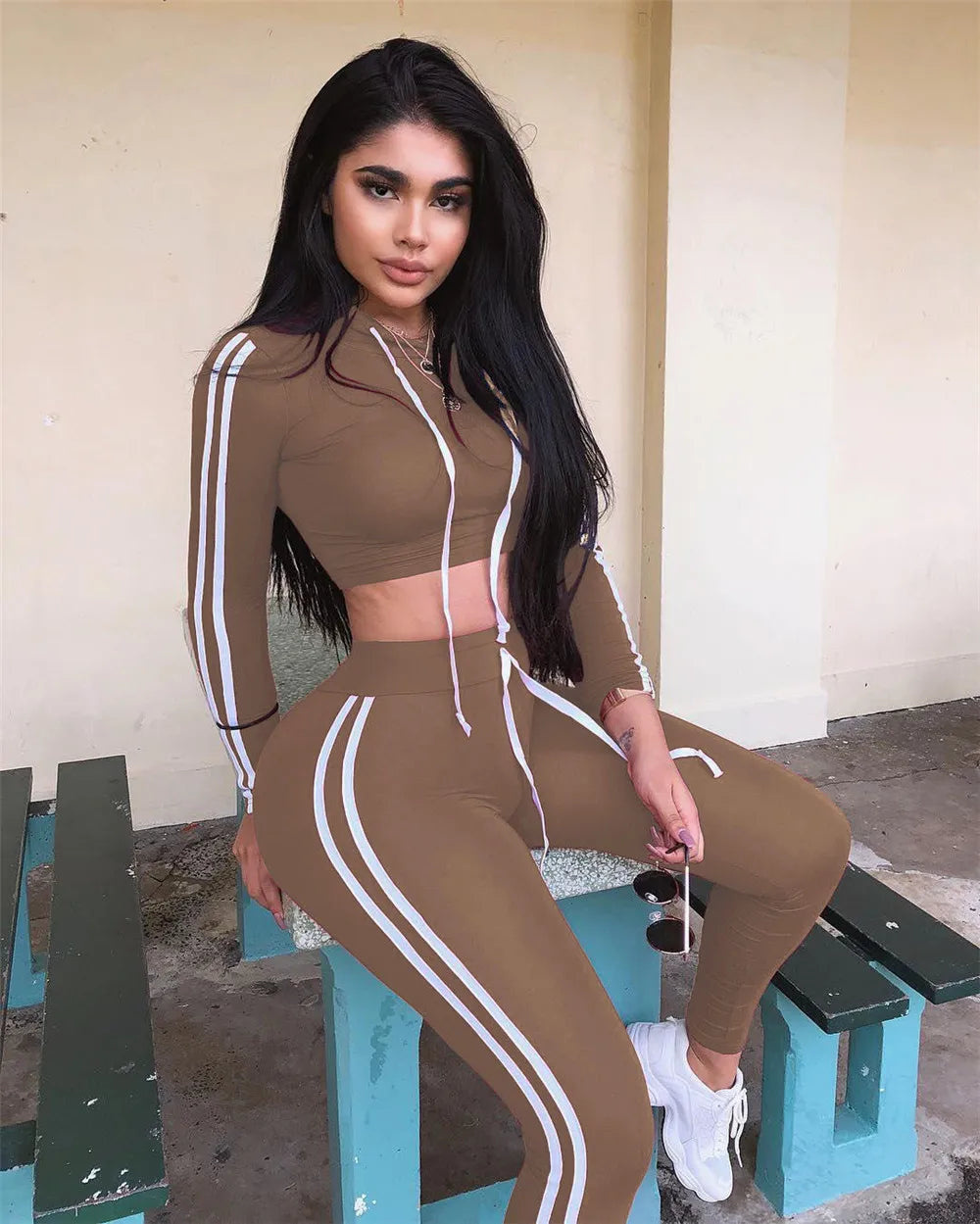 Fitness Casual 2 Piece Set Tracksuit Women Side Striped Hoodies Cropped Tops and Pants Jogger Two Piece Outfits Chandal Mujer Don't Taxe That