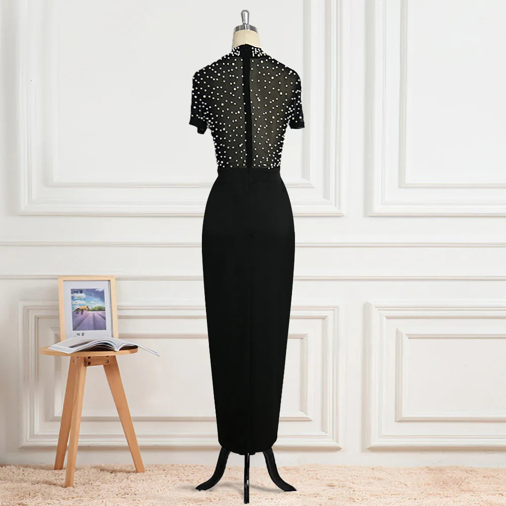 Women Winter Long Dress O-Neck Short Sleeve Pearl Sexy Night Club Party Solid Open Fork Maxi Bandage Bodycon Dresses GL0018 Don't Taxe That