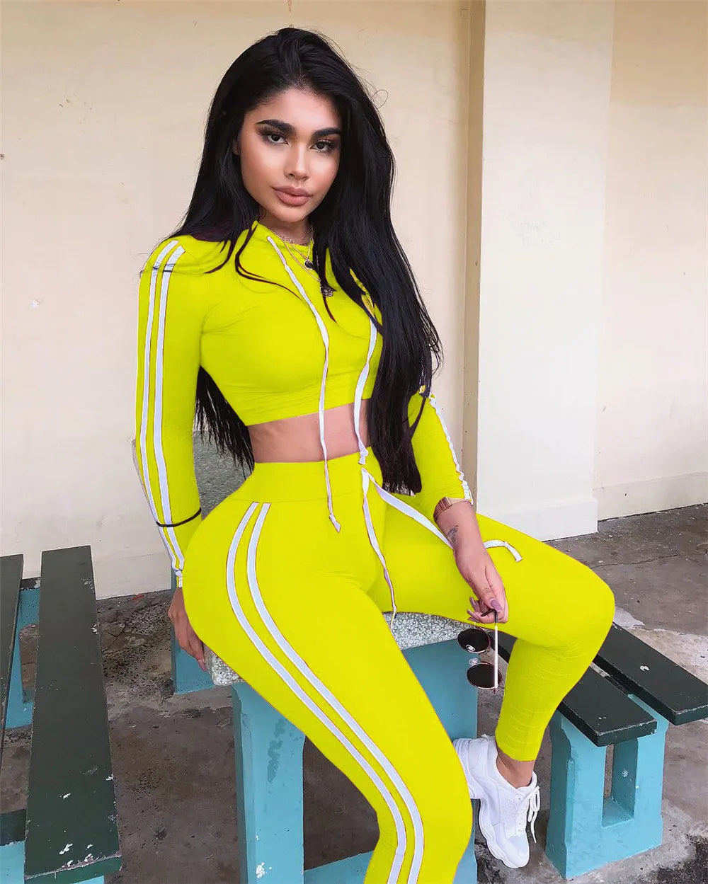 Fitness Casual 2 Piece Set Tracksuit Women Side Striped Hoodies Cropped Tops and Pants Jogger Two Piece Outfits Chandal Mujer Don't Taxe That