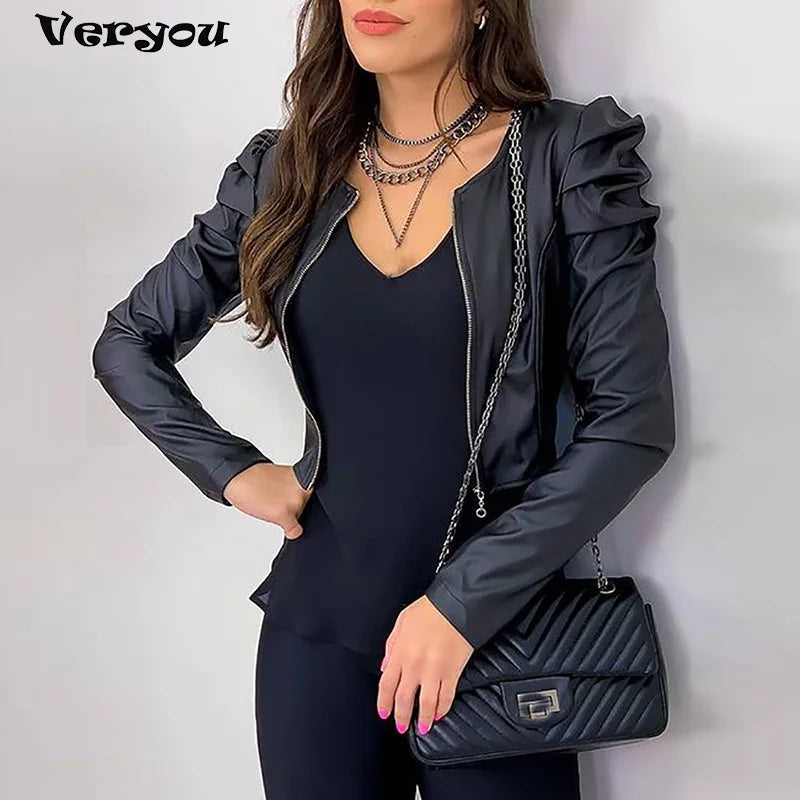 2021 Jacket Women Zipper Leather Jackets Coat Autumn Puff Sleeve Black Outwear Coat Elegant Slim Jacket Women's Black Jack Coat Don't Taxe That