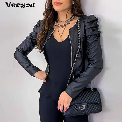 2021 Jacket Women Zipper Leather Jackets Coat Autumn Puff Sleeve Black Outwear Coat Elegant Slim Jacket Women's Black Jack Coat Don't Taxe That