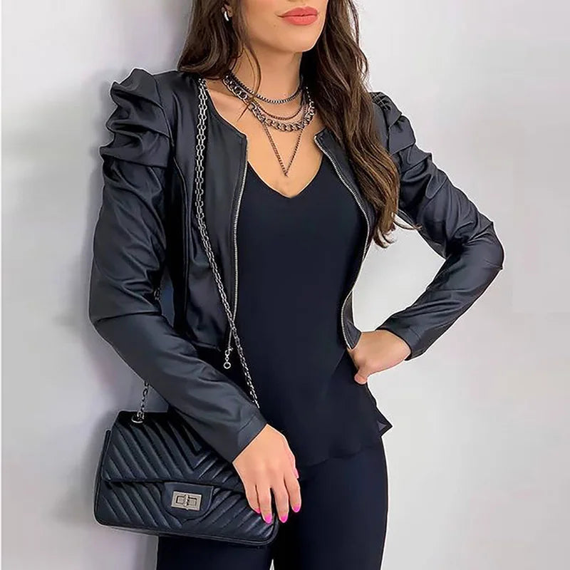 2021 Jacket Women Zipper Leather Jackets Coat Autumn Puff Sleeve Black Outwear Coat Elegant Slim Jacket Women's Black Jack Coat Don't Taxe That