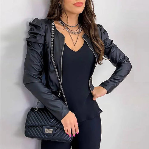 2021 Jacket Women Zipper Leather Jackets Coat Autumn Puff Sleeve Black Outwear Coat Elegant Slim Jacket Women's Black Jack Coat Don't Taxe That