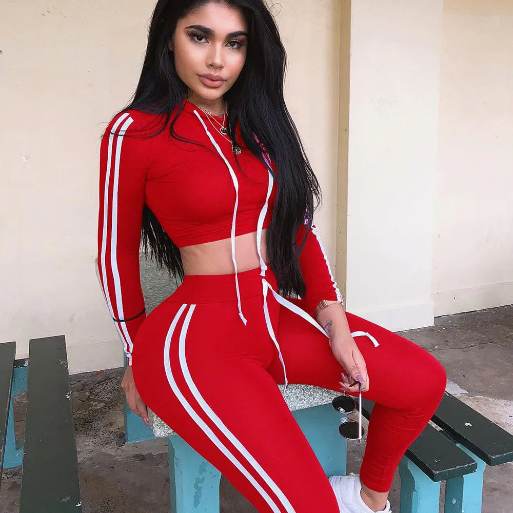 Fitness Casual 2 Piece Set Tracksuit Women Side Striped Hoodies Cropped Tops and Pants Jogger Two Piece Outfits Chandal Mujer Don't Taxe That