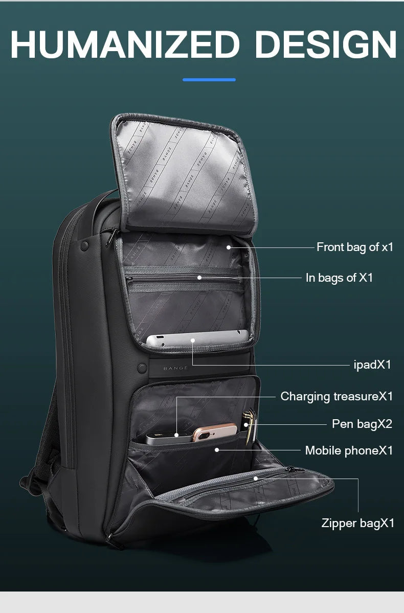 BANGE Original Unique Design Multi-Layer Space Business Backpacks Men Teenage USB External Charge 15.6 Laptop Traval Backpack Don't Taxe That