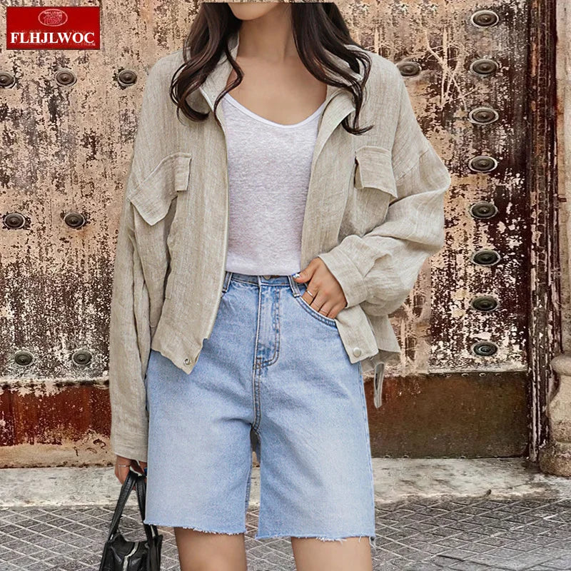 Thin Airy Korea Style Short Outerwear Woman Casual Loose Lazy Chic Long Sleeve Cotton Blends Linen Windbreaker Coats Jackets Don't Taxe That