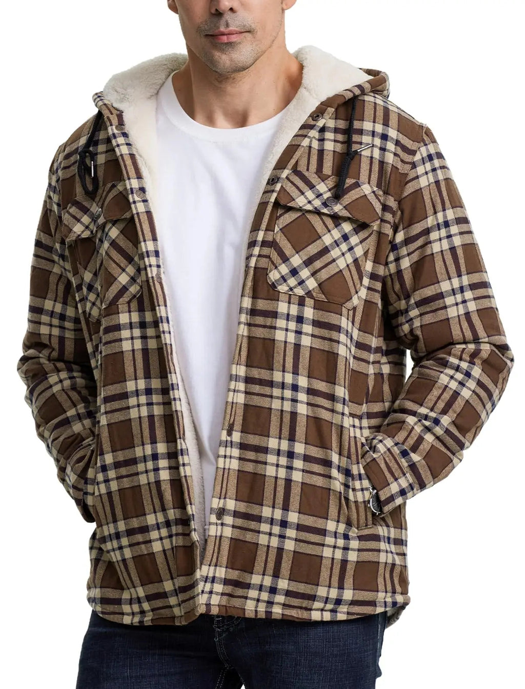 MAGCOMSEN Hooded Flannel Jacket Men's Plaid Jackets Cotton Sherpa Lined Jacket Winter Button Heavyweight Plaid Hoodies Male Don't Taxe That
