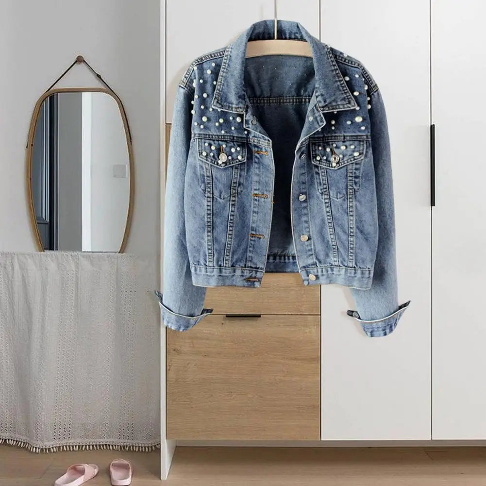 Trendy Women Denim Jacket Firm Stitching Autumn Denim Jacket Breathable Cardigan Imitation Pearl Autumn Coat  Beads Decor Don't Taxe That