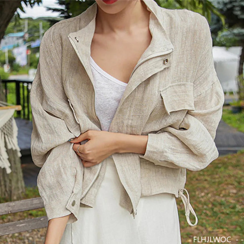 Thin Airy Korea Style Short Outerwear Woman Casual Loose Lazy Chic Long Sleeve Cotton Blends Linen Windbreaker Coats Jackets Don't Taxe That