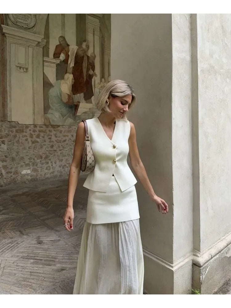 TRAF Women Knitted Sets Loose Skirt Set 2 Pieces 2024 Summer Button V-neck Vest Top Ankle-Length Skirt Lady Street Outfit Don't Taxe That