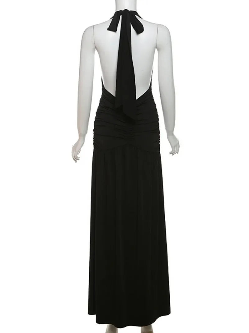 Women's Summer Deep V-neck High Waist Folds Long Dress Halter Neck Bandage Backless Tunics Split White Party Evening Dresses Don't Taxe That