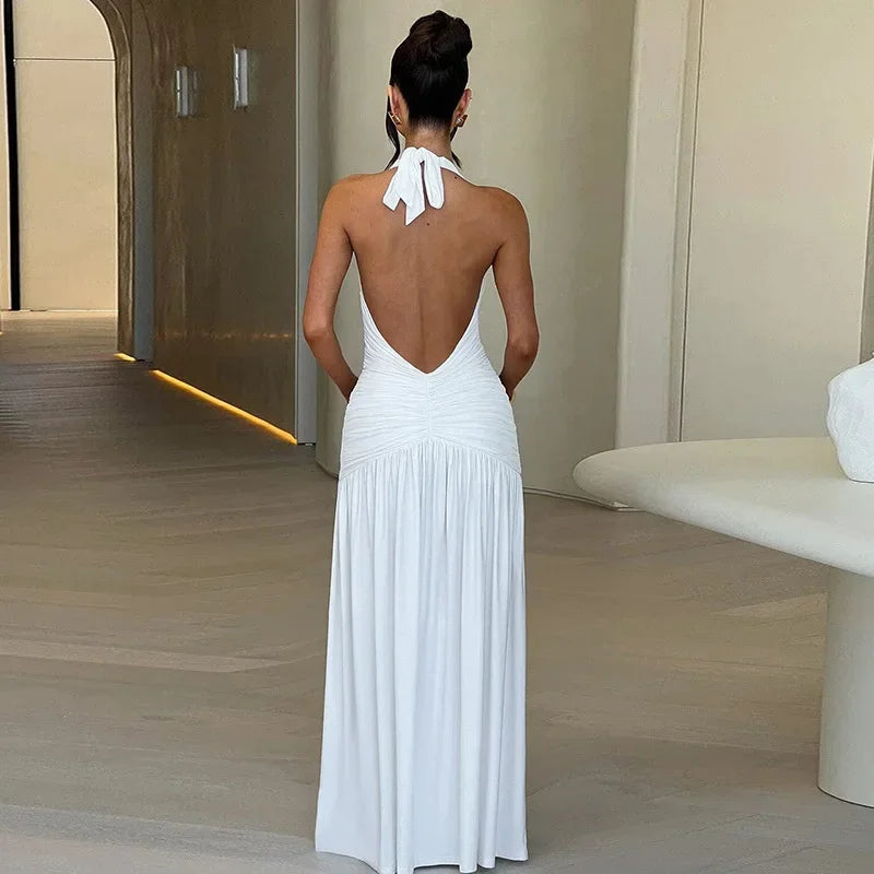 Women's Summer Deep V-neck High Waist Folds Long Dress Halter Neck Bandage Backless Tunics Split White Party Evening Dresses Don't Taxe That