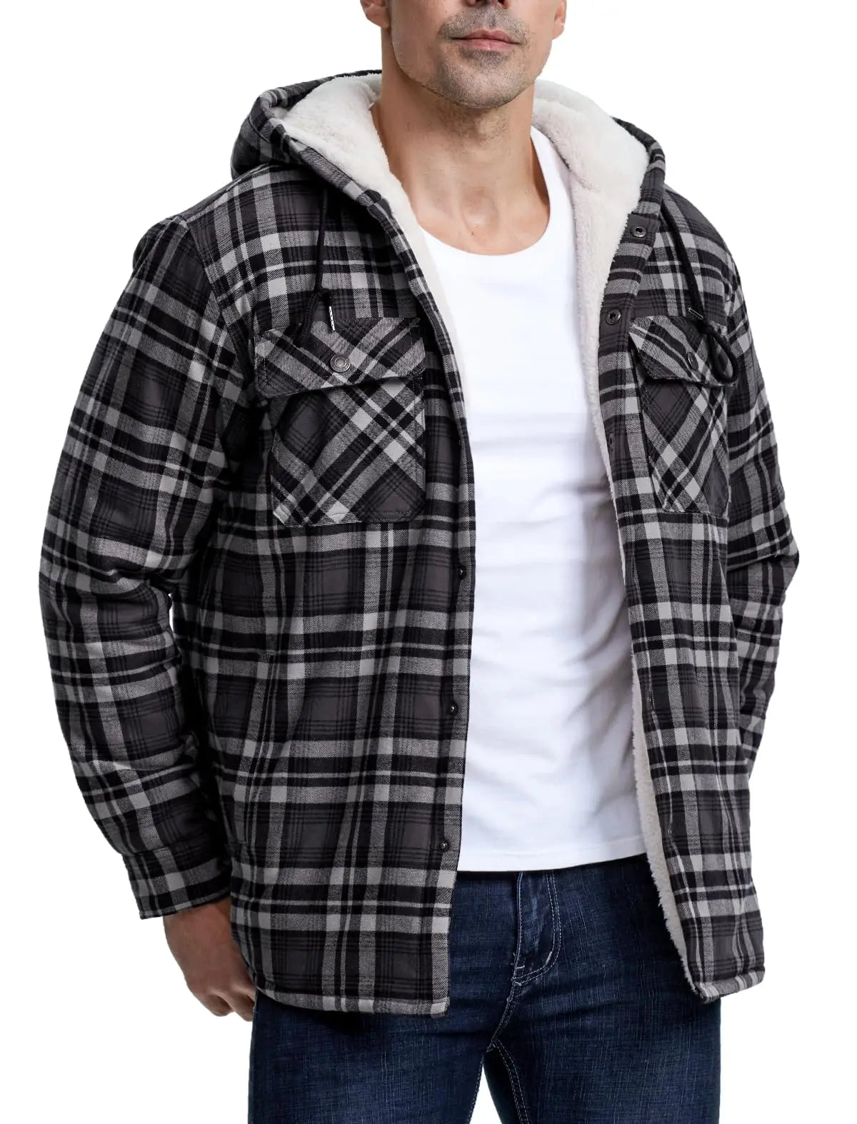 MAGCOMSEN Hooded Flannel Jacket Men's Plaid Jackets Cotton Sherpa Lined Jacket Winter Button Heavyweight Plaid Hoodies Male Don't Taxe That