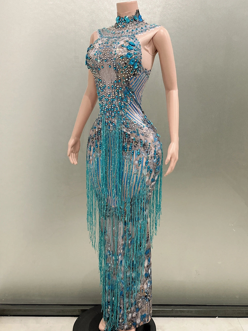 Fashion Crystals Rhinestone Party Long Dress Women Sleeveless Tassel Club Dress Blue Sexy Jazz Singer Dancer Stage Costumes Don't Taxe That