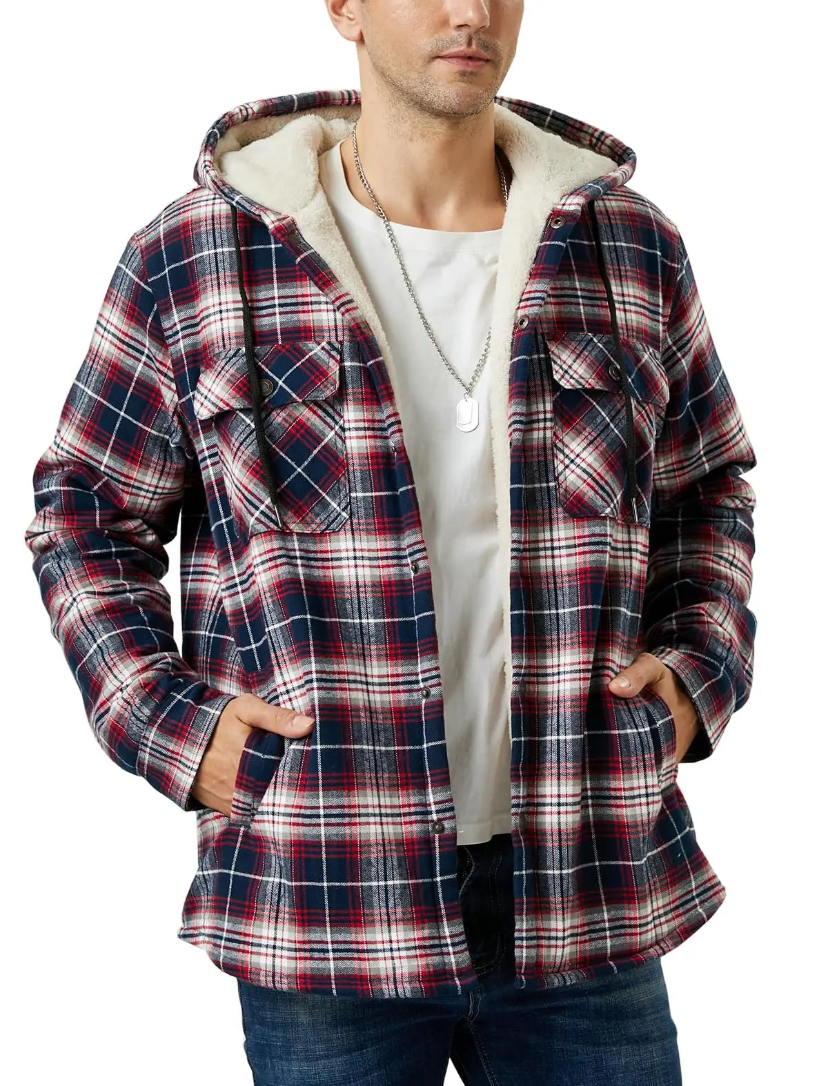 MAGCOMSEN Hooded Flannel Jacket Men's Plaid Jackets Cotton Sherpa Lined Jacket Winter Button Heavyweight Plaid Hoodies Male Don't Taxe That