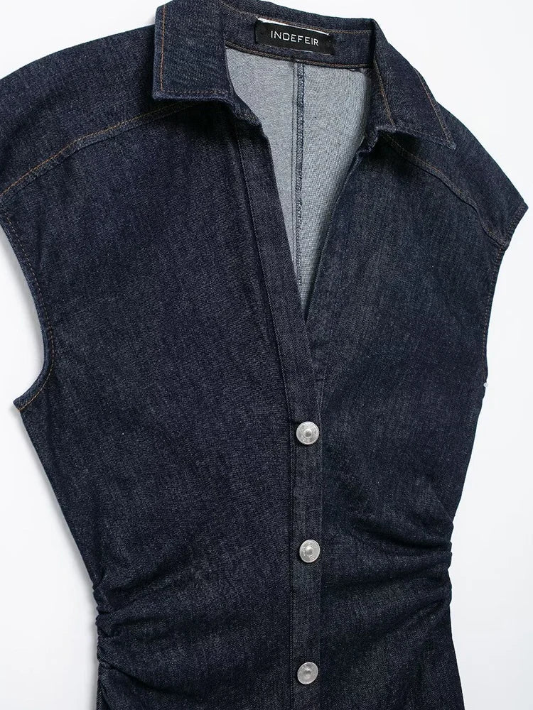 New arrival women's fashion sleeveless lapel pleated mid-length slim shirt-style commuter dress Don't Taxe That