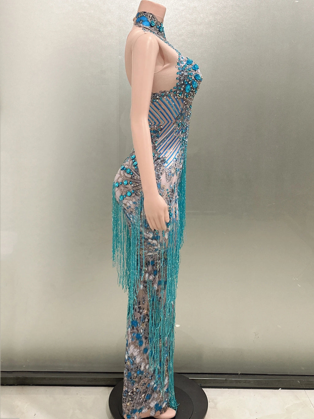 Fashion Crystals Rhinestone Party Long Dress Women Sleeveless Tassel Club Dress Blue Sexy Jazz Singer Dancer Stage Costumes Don't Taxe That