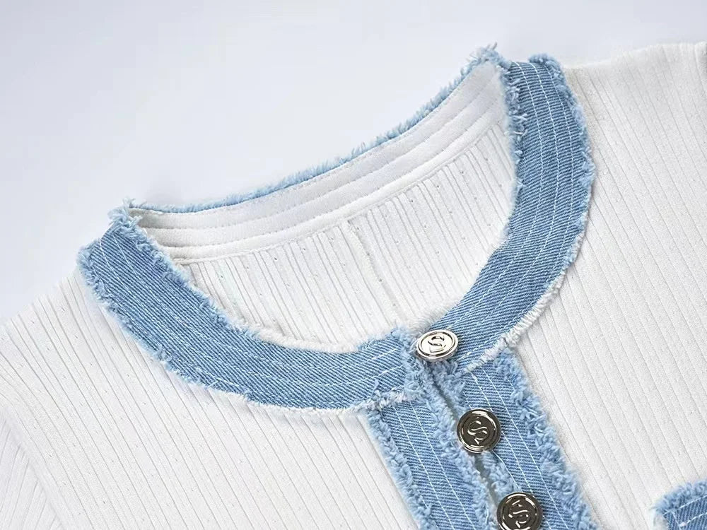 Elegant Contrasting Women Knit Maxi Dress Chic O-neck Short Sleeve Metal Buttons Bodycon Dresses Office Lady Commuting Robe Don't Taxe That