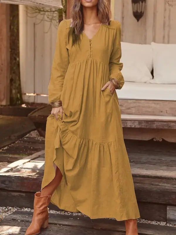 Cotton And Linen Vintage Style Long Dress For Women Casual V Neck Long Sleeve Loose Maxi Dresses Female Elegant Women's Clothing Don't Taxe That