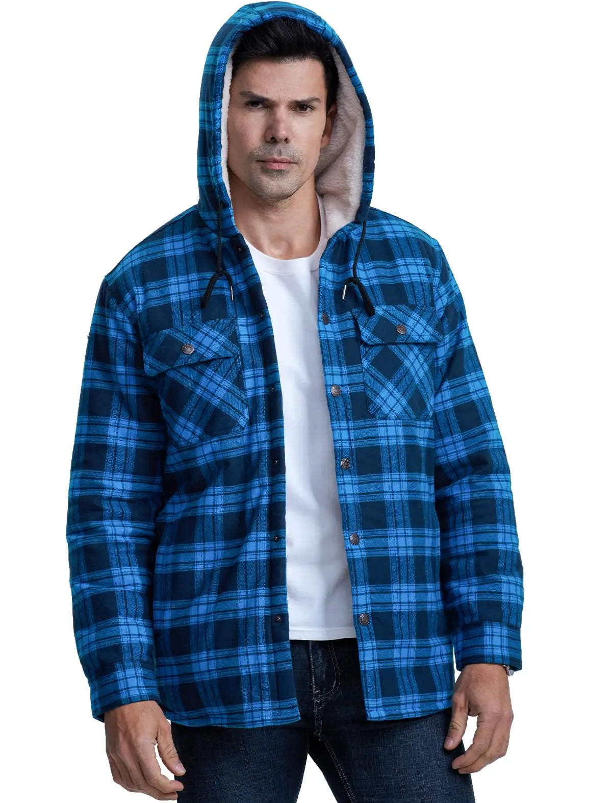 MAGCOMSEN Hooded Flannel Jacket Men's Plaid Jackets Cotton Sherpa Lined Jacket Winter Button Heavyweight Plaid Hoodies Male Don't Taxe That