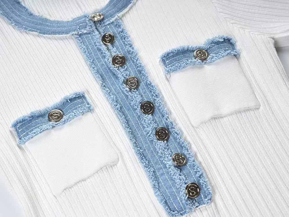 Elegant Contrasting Women Knit Maxi Dress Chic O-neck Short Sleeve Metal Buttons Bodycon Dresses Office Lady Commuting Robe Don't Taxe That