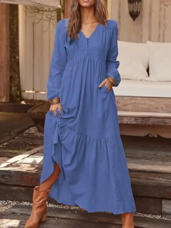 Cotton And Linen Vintage Style Long Dress For Women Casual V Neck Long Sleeve Loose Maxi Dresses Female Elegant Women's Clothing Don't Taxe That