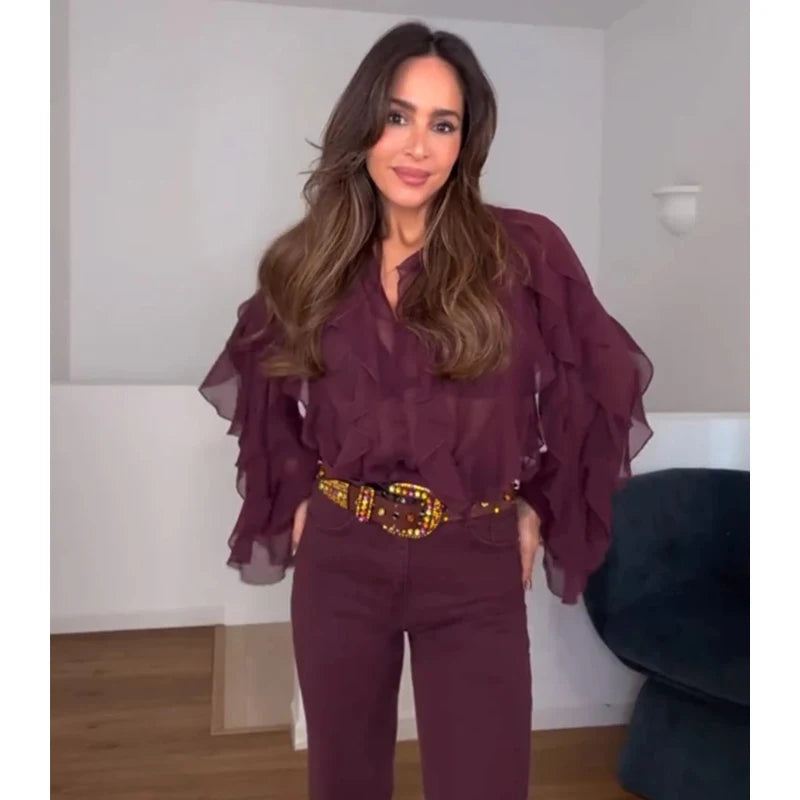 TRAF Ruffle Womens Blouses Semi Sheer Casual Blouses Woman Spring Fairy Shirts and Blouses for Lady Long Sleeve Tops Woman 2025 Don't Taxe That