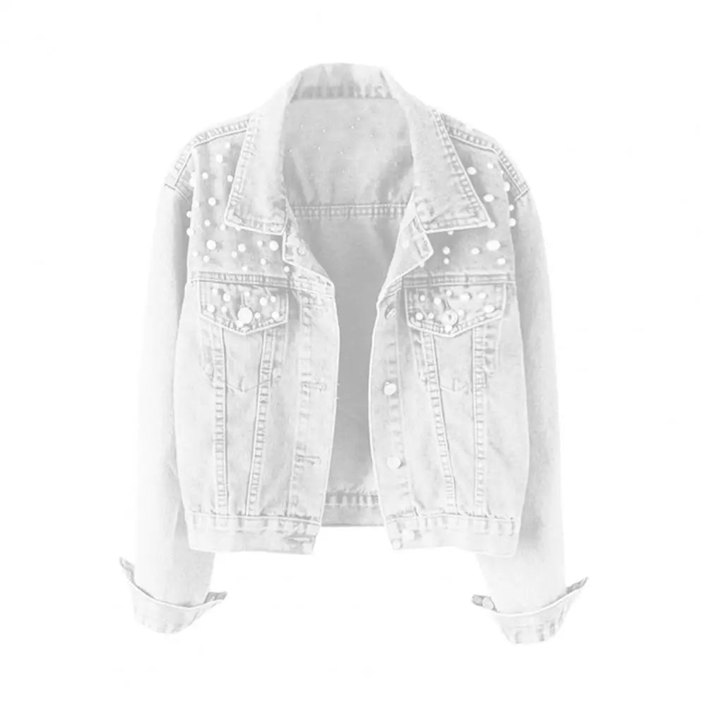Trendy Women Denim Jacket Firm Stitching Autumn Denim Jacket Breathable Cardigan Imitation Pearl Autumn Coat  Beads Decor Don't Taxe That