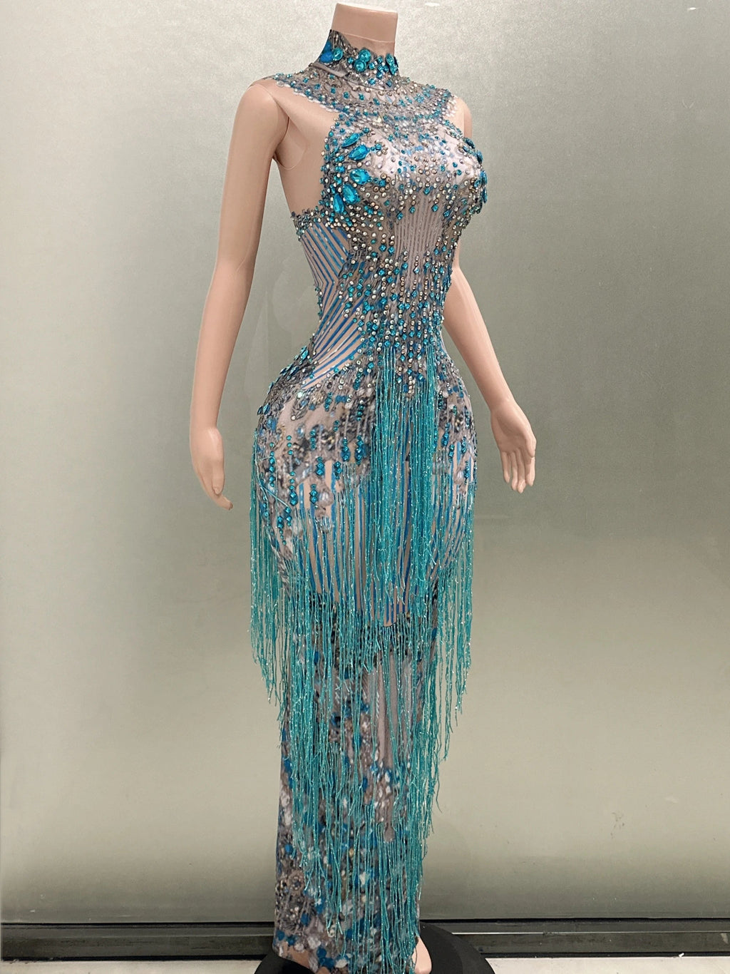 Fashion Crystals Rhinestone Party Long Dress Women Sleeveless Tassel Club Dress Blue Sexy Jazz Singer Dancer Stage Costumes Don't Taxe That