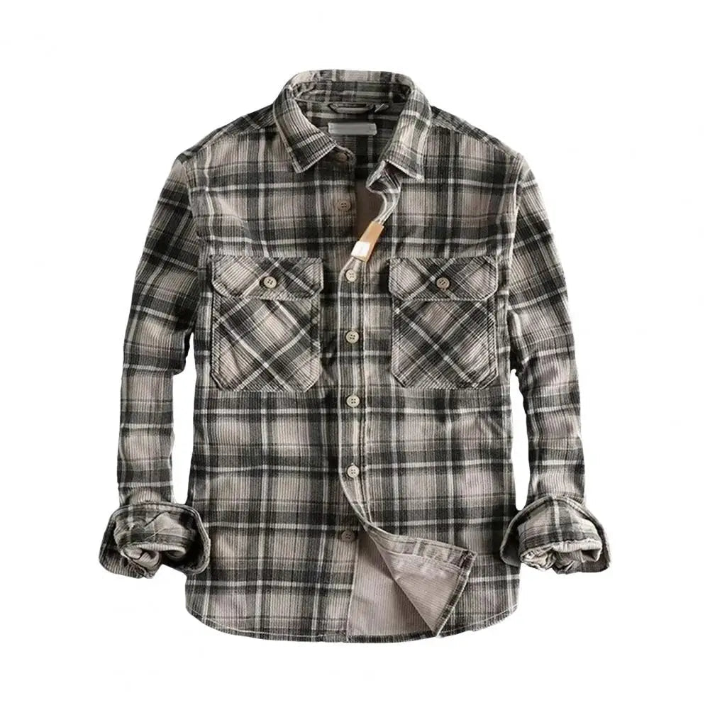 Spring Fall Men Shirt Plaid Print Single-breasted Long Sleeves Shirt Retro Mid Length Cardigan Top Don't Taxe That