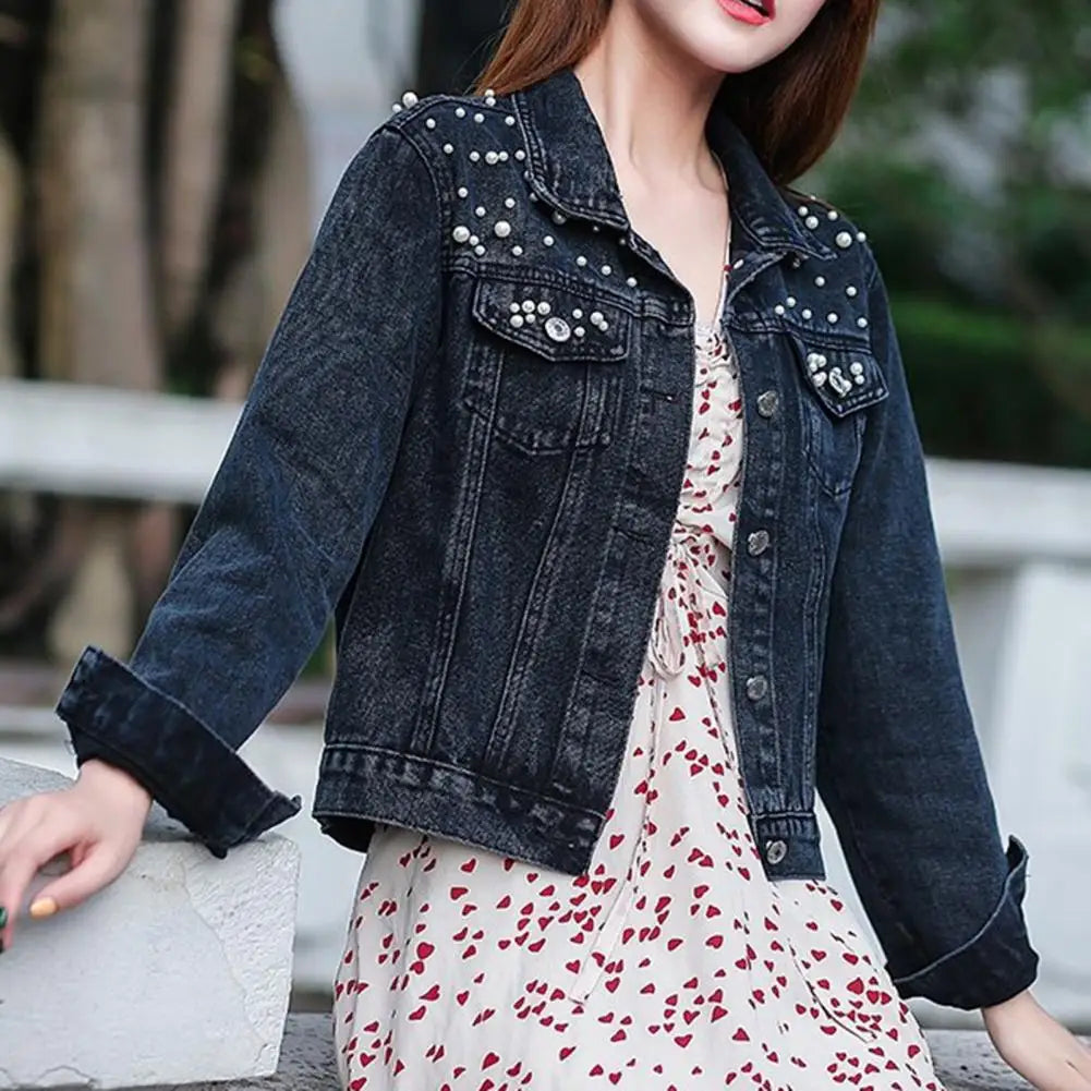 Trendy Women Denim Jacket Firm Stitching Autumn Denim Jacket Breathable Cardigan Imitation Pearl Autumn Coat  Beads Decor Don't Taxe That