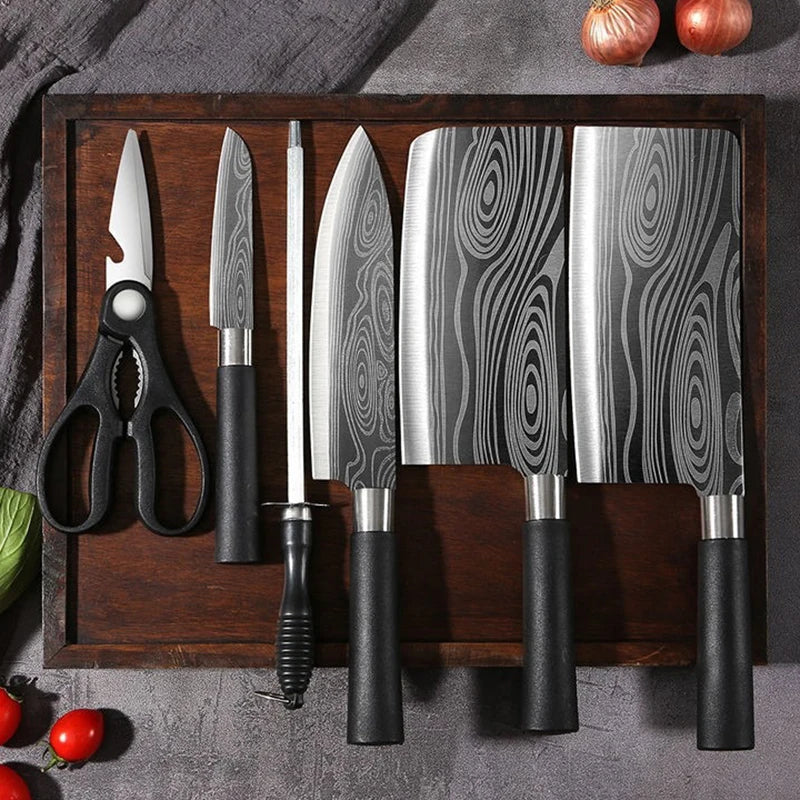 Laser Damascus Pattern Utility Kitchen Knives Scissors Sharpening Rod Set Stainless Steel Sharp Slicing Chef knife Cooking Tool Don't Taxe That