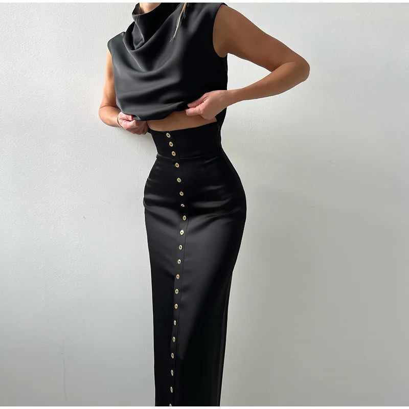 Crop Tops Long Skirt Two Piece Set Women Elegant Sleeveless Top Suit With Front Split Skirt Lady Chic Sexy Evening Party Outfits Don't Taxe That