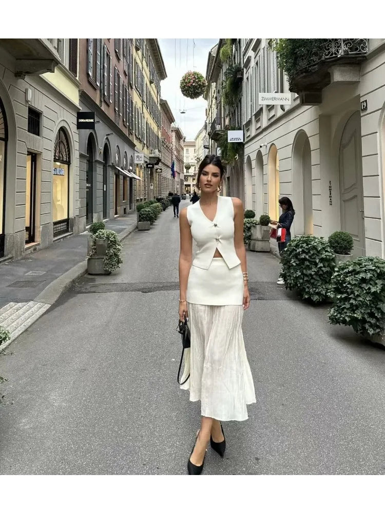 TRAF Women Knitted Sets Loose Skirt Set 2 Pieces 2024 Summer Button V-neck Vest Top Ankle-Length Skirt Lady Street Outfit Don't Taxe That