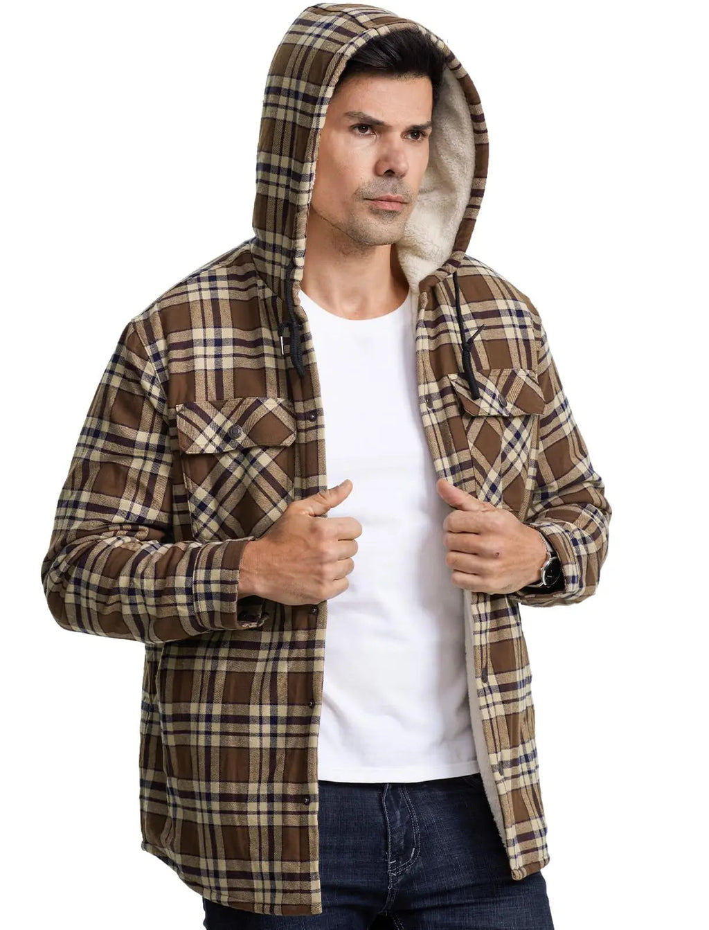 MAGCOMSEN Hooded Flannel Jacket Men's Plaid Jackets Cotton Sherpa Lined Jacket Winter Button Heavyweight Plaid Hoodies Male Don't Taxe That