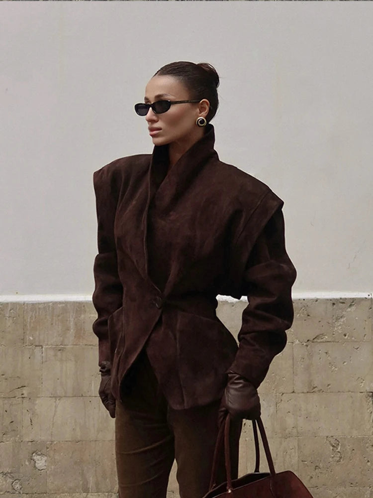 Solid Waist Cinching Blazer Women Shoulder Pads Lapel Single Breasted Long Sleeves Jackets Chic Elegant Casual Street Outerwear Don't Taxe That